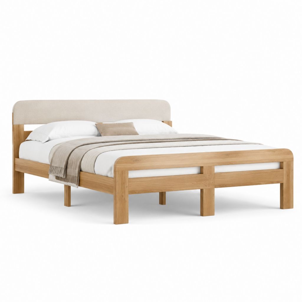 Letto matrimoniale in rovere naturale con testiera imbottita beige rettangolare 160 x 200 cm