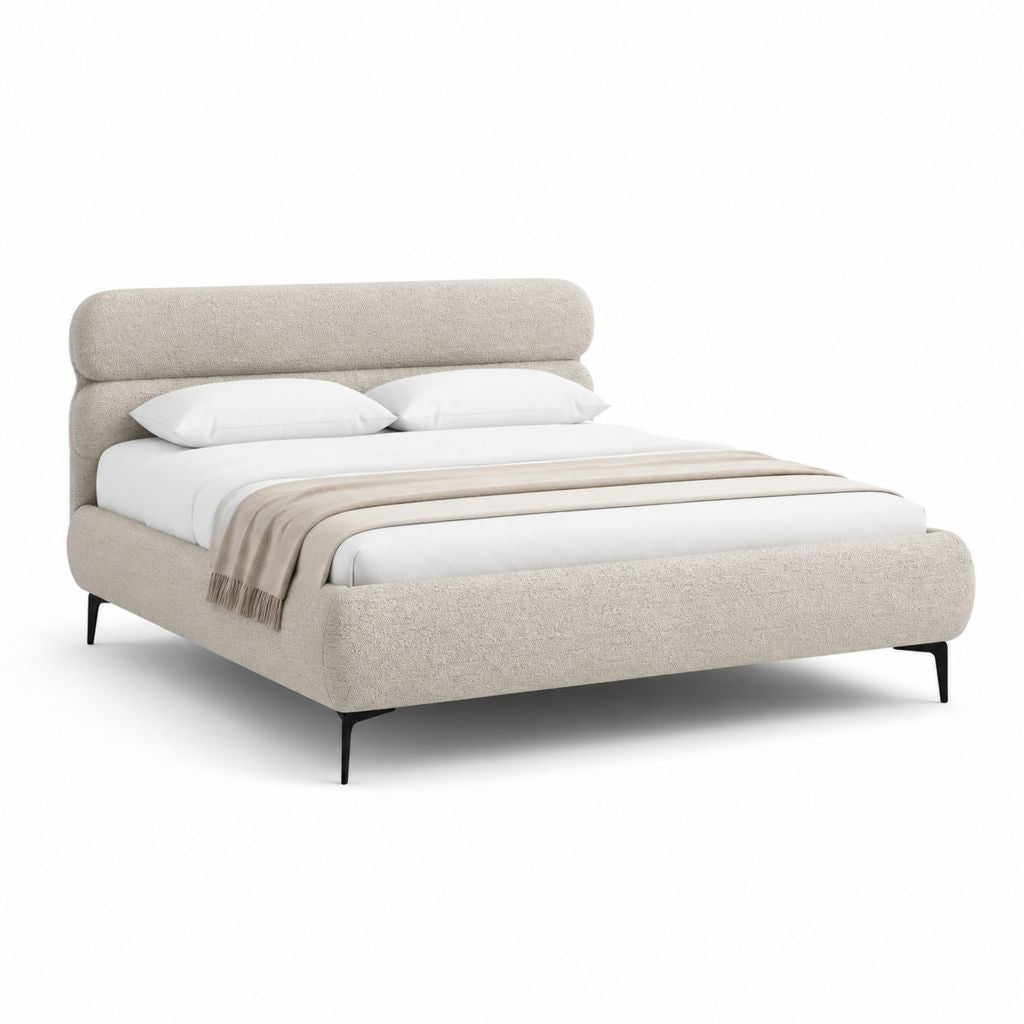 Letto matrimoniale imbottito beige in poliestere con giroletto arrotondato 160 x 200 cm