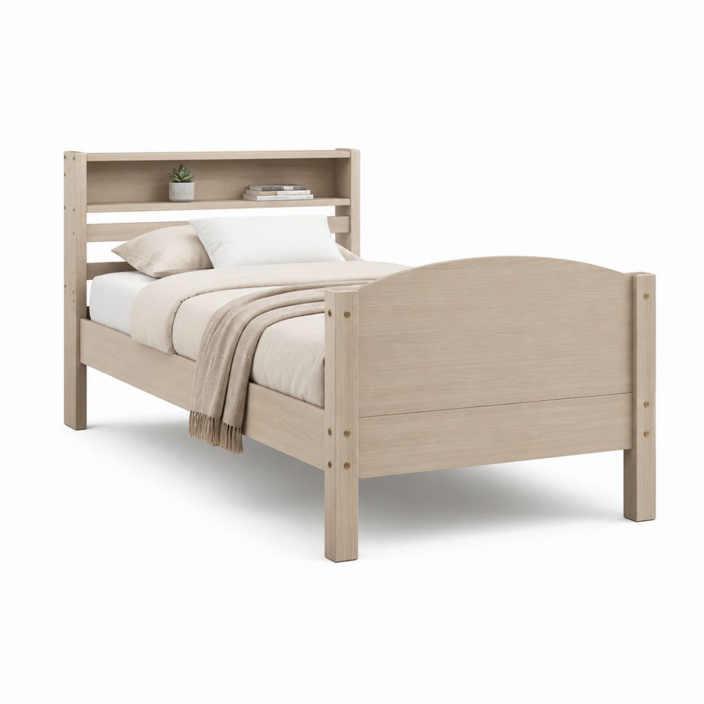 Letto singolo in pino massello naturale con testiera a mensola 90 x 190 cm