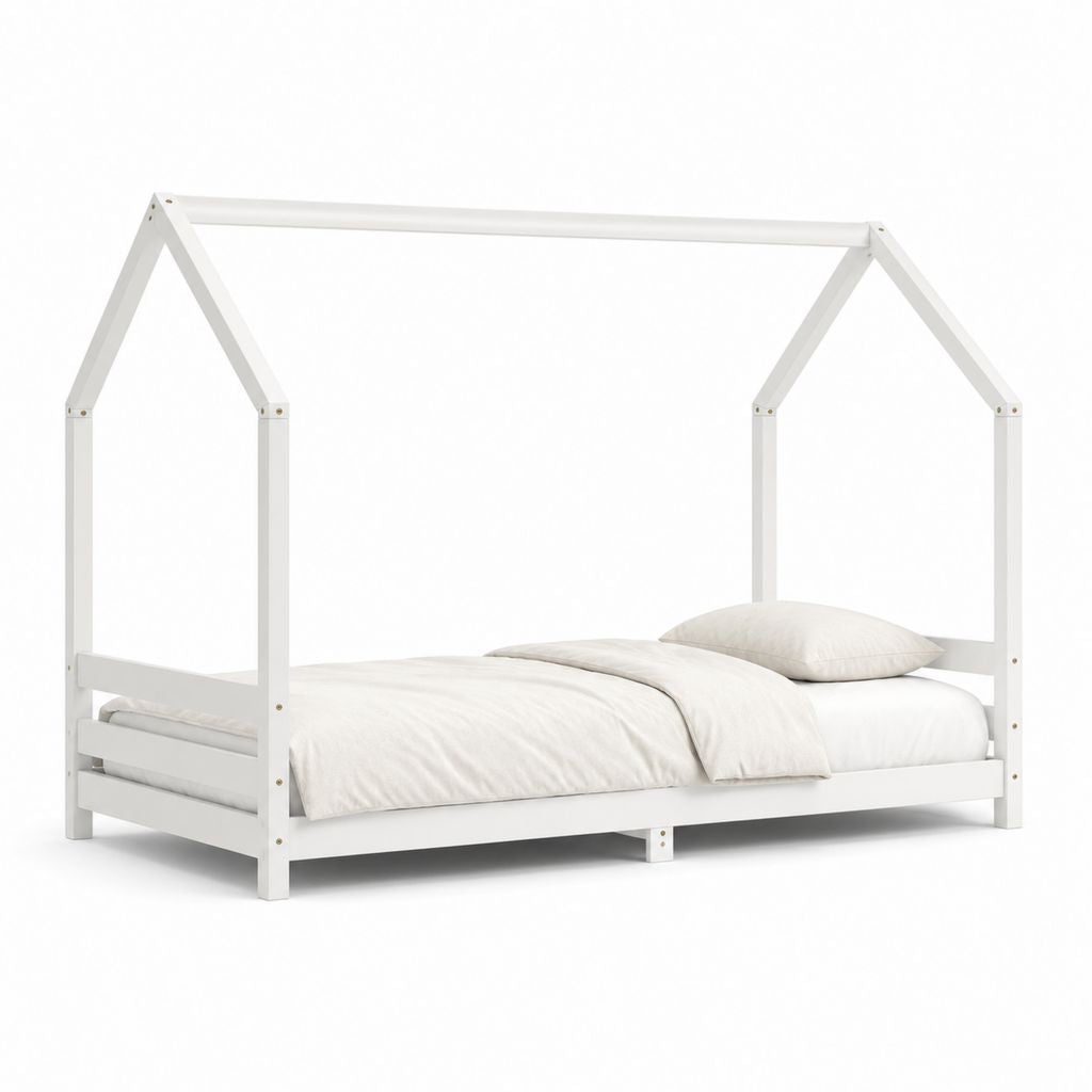 Letto a casetta per bambini bianco in pino massello 90 x 200 cm