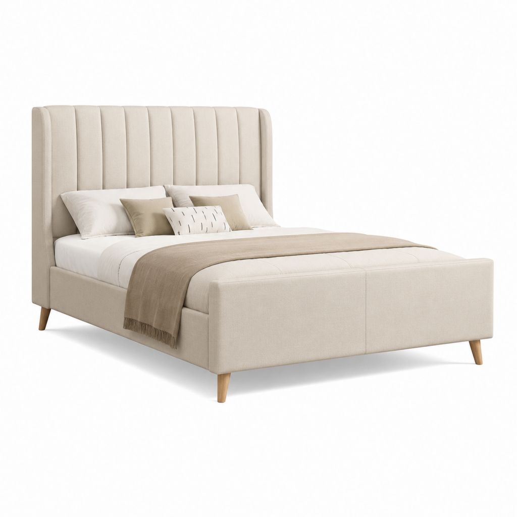 Letto matrimoniale imbottito beige in poliestere con testiera alta rettangolare 160 x 200 cm