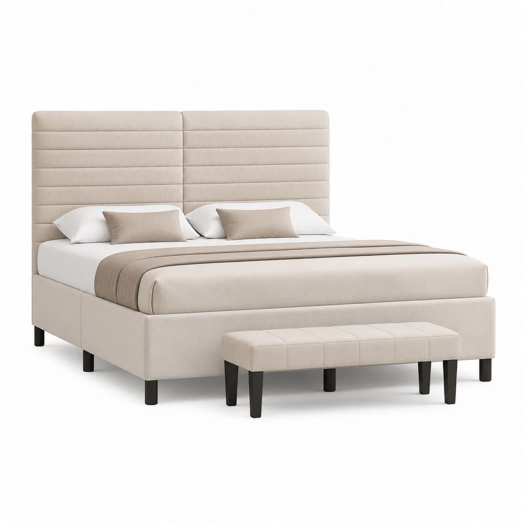 Letto matrimoniale imbottito beige in poliestere con testiera a pannelli 180 x 200 cm e panca