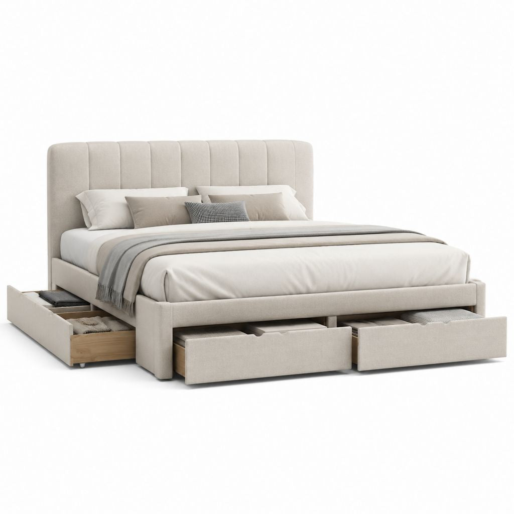 Letto matrimoniale contenitore beige in poliestere con testiera imbottita e 3 cassetti 160 x 200 cm