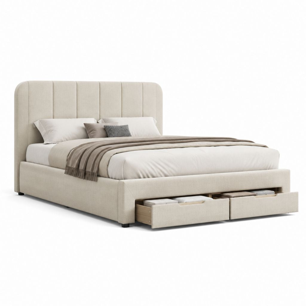 Letto matrimoniale con 2 cassetti beige in poliestere e MDF 160 x 200 cm