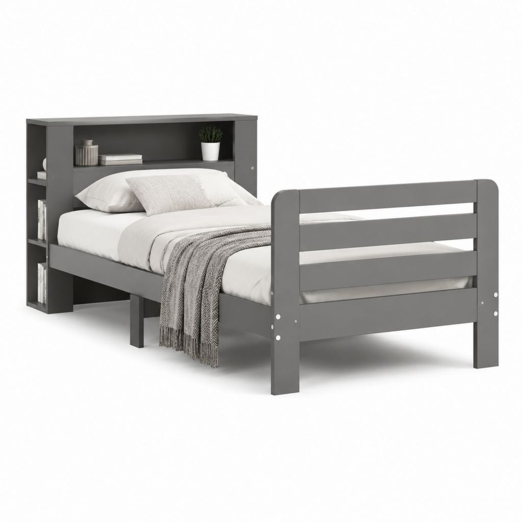 Letto singolo rettangolare con testiera libreria grigio in MDF 90 x 190 cm