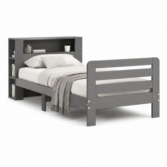 Letto singolo rettangolare con testiera libreria grigio in MDF 90 x 190 cm