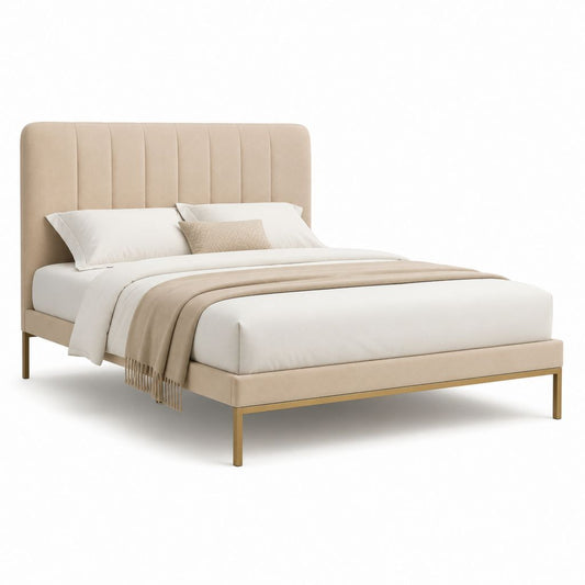 Letto matrimoniale imbottito beige in poliestere con testiera 160 x 200 cm