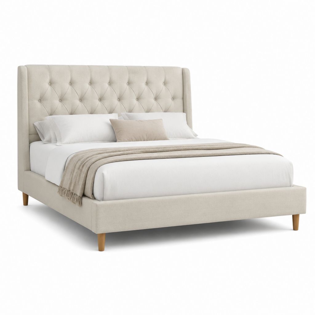 Letto matrimoniale imbottito beige in poliestere con testiera capitonné 160 x 200 cm