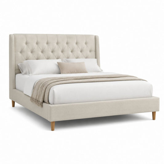 Letto matrimoniale imbottito beige in poliestere con testiera capitonné 160 x 200 cm