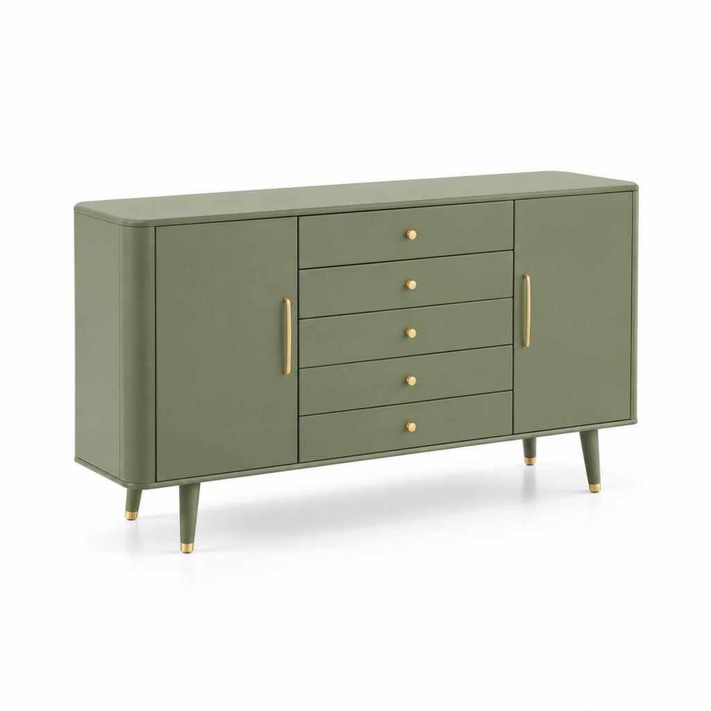 Cassettiera bassa verde oliva in MDF rettangolare con 5 cassetti e 2 ante 140 x 40 x 80 cm