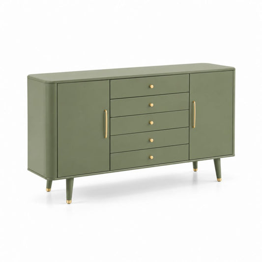 Cassettiera bassa verde oliva in MDF rettangolare con 5 cassetti e 2 ante 140 x 40 x 80 cm