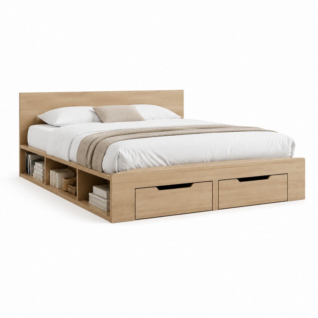 Letto matrimoniale contenitore in truciolare rovere chiaro con 2 cassetti e vani laterali per materasso 160 x 200 cm