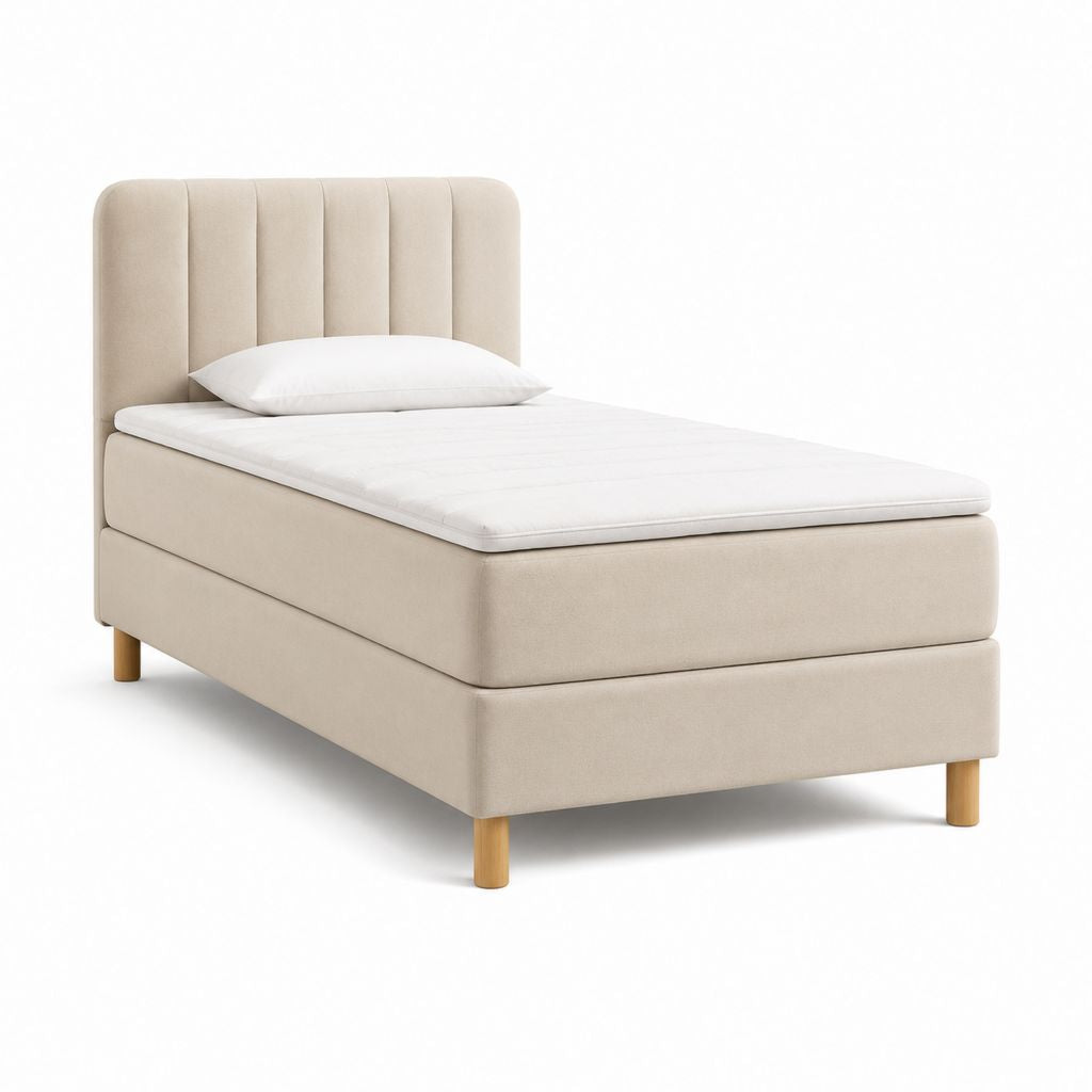 Letto singolo imbottito beige in poliestere con testiera verticale 90 x 200 cm