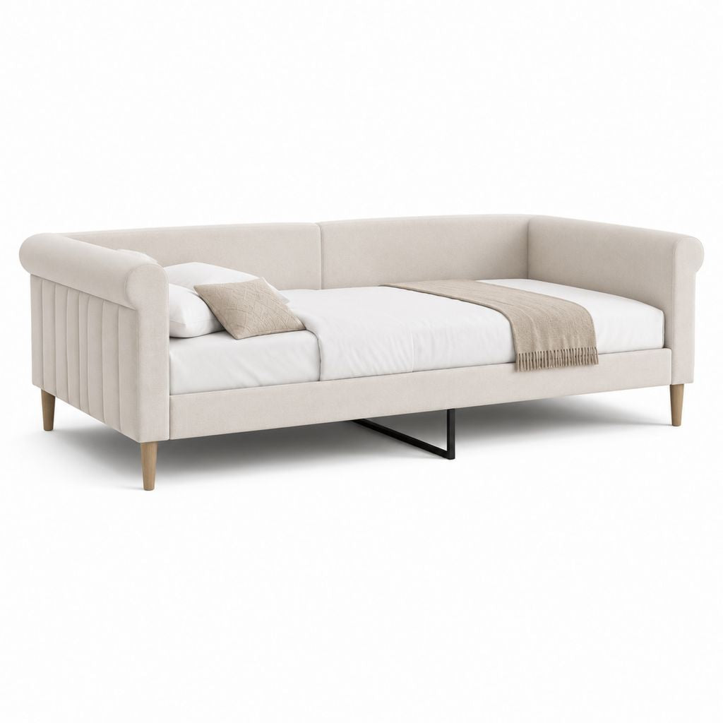 Divano letto singolo beige in poliestere con struttura 220 x 100 x 85 cm