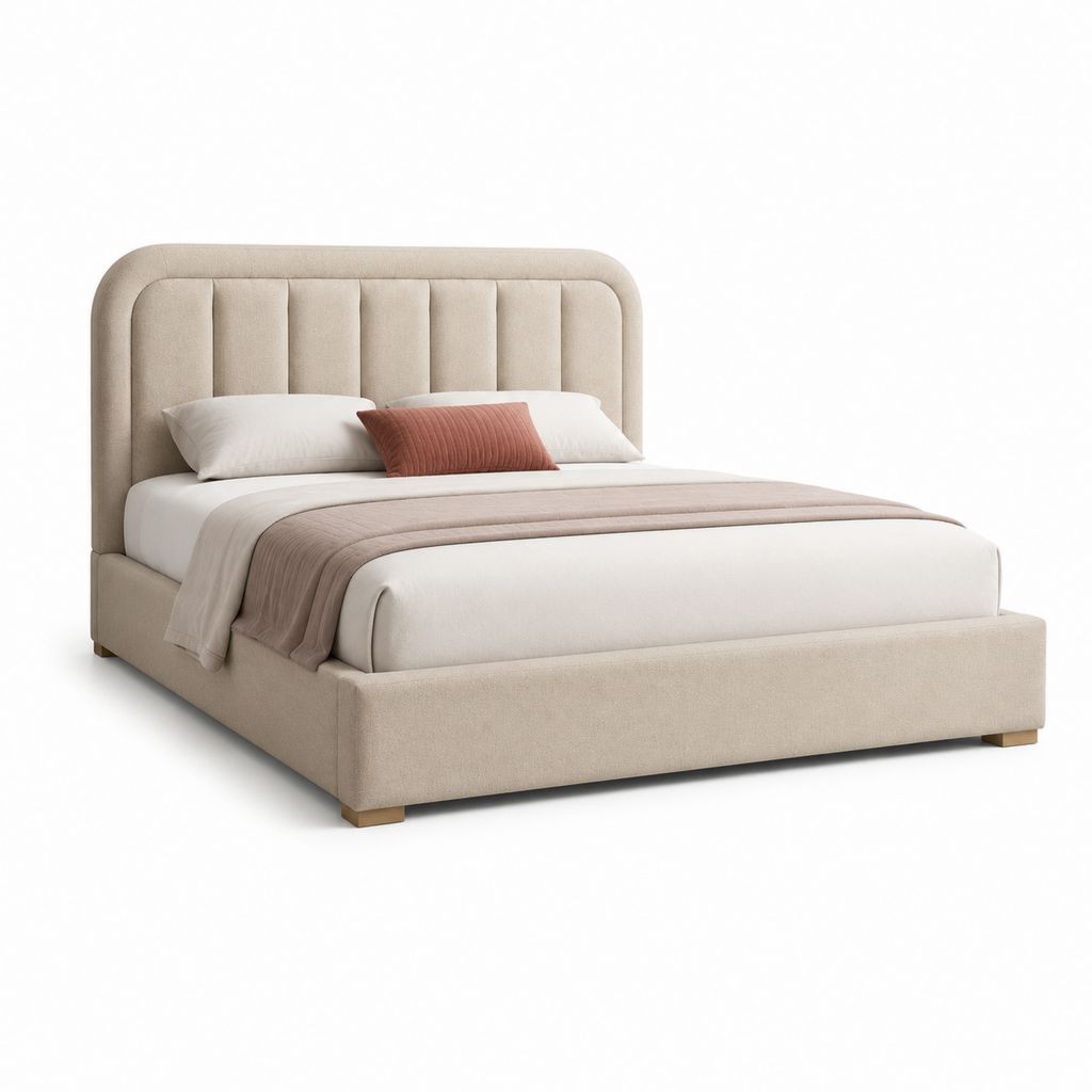 Letto matrimoniale imbottito beige in poliestere con testiera curva 160 x 200 cm