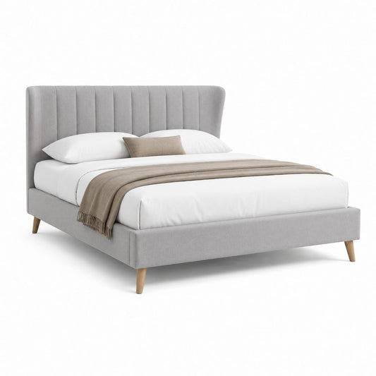 Letto matrimoniale imbottito grigio chiaro in poliestere con testiera scanalata 160 x 200 cm
