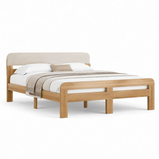 Letto matrimoniale in rovere naturale con testiera imbottita beige rettangolare 160 x 200 cm
