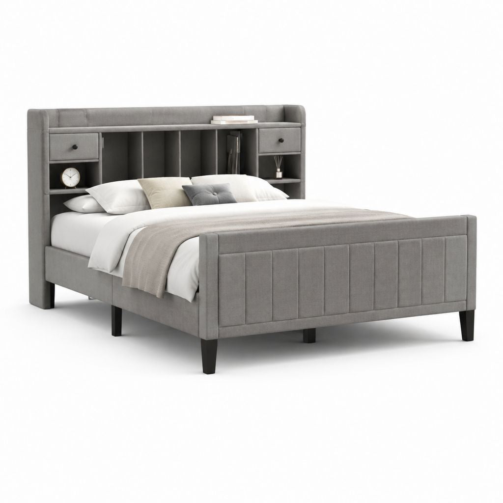 Letto matrimoniale con testiera libreria grigio in poliestere e MDF 160 x 200 cm