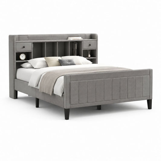 Letto matrimoniale con testiera libreria grigio in poliestere e MDF 160 x 200 cm