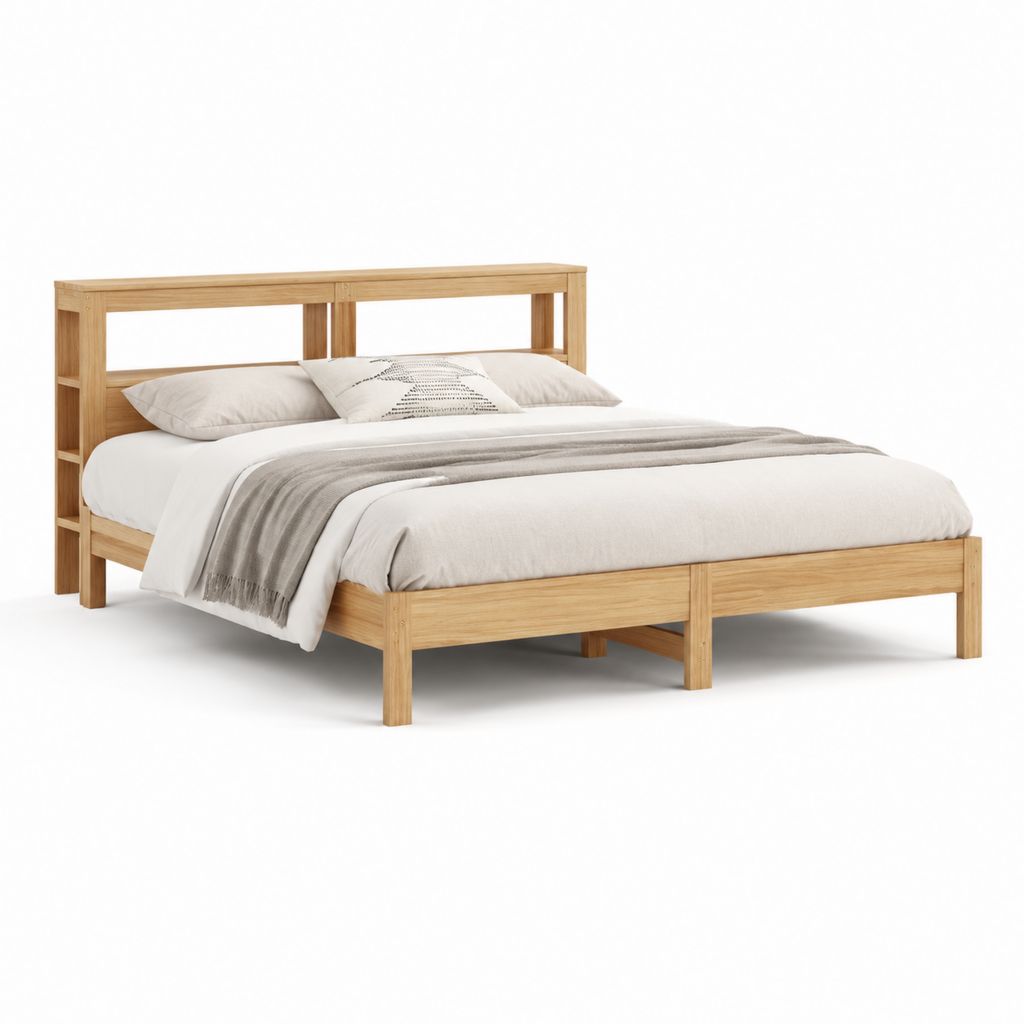 Struttura letto matrimoniale in legno massello di pino naturale 160 x 200 cm con testiera a ripiani