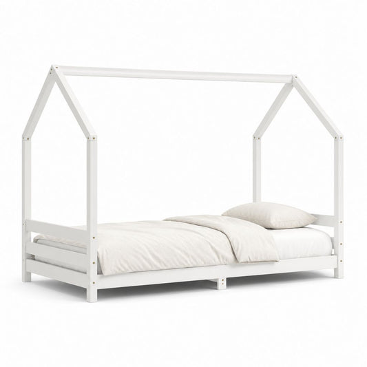 Letto a casetta per bambini bianco in pino massello 90 x 200 cm
