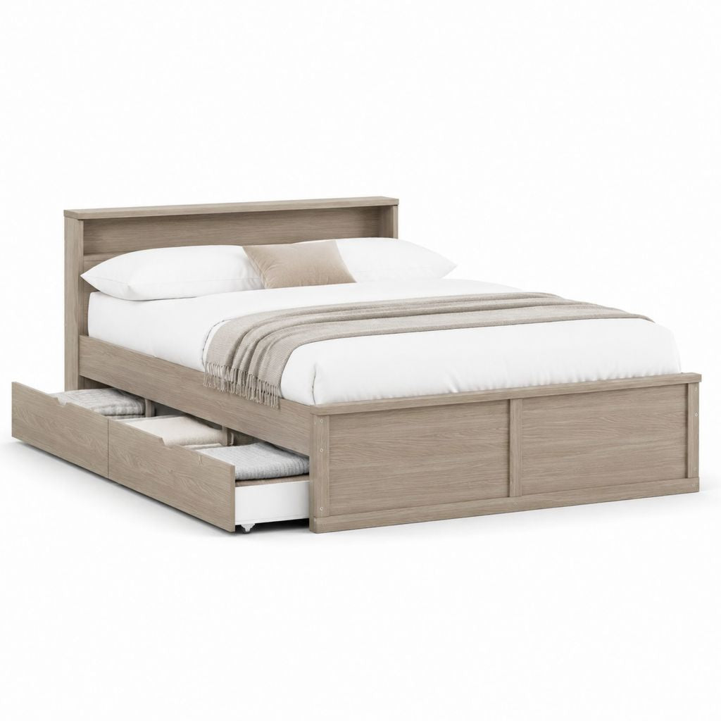 Letto matrimoniale con 2 cassetti estraibili rovere grigio in truciolare rivestito melaminico 160 x 200 cm