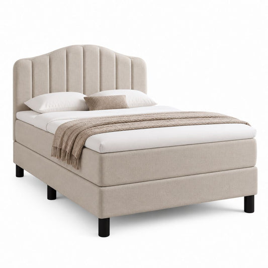 Letto matrimoniale imbottito beige in poliestere con testiera sagomata 160 x 200 cm