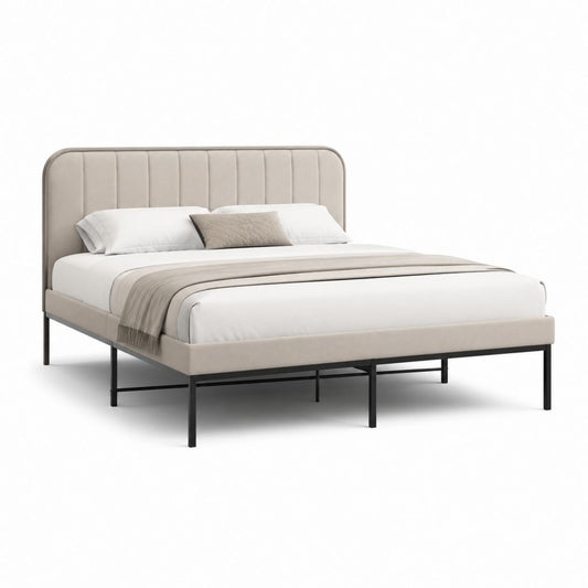 Letto matrimoniale con testiera imbottita beige in poliestere 160 x 200 cm