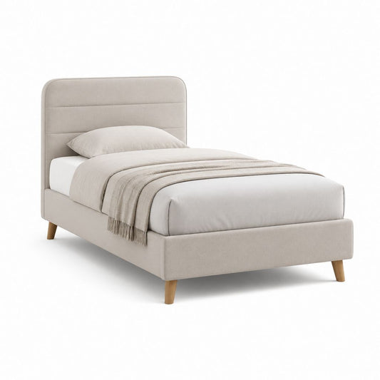 Letto singolo imbottito beige in poliestere con testiera arrotondata 90 x 200 cm