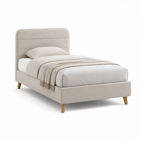 Letto singolo imbottito beige in poliestere con testiera arrotondata 90 x 200 cm