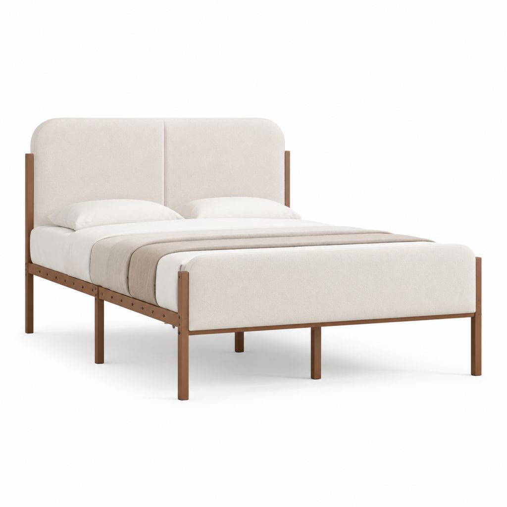 Letto matrimoniale imbottito beige con struttura in legno massello 160 x 200 cm