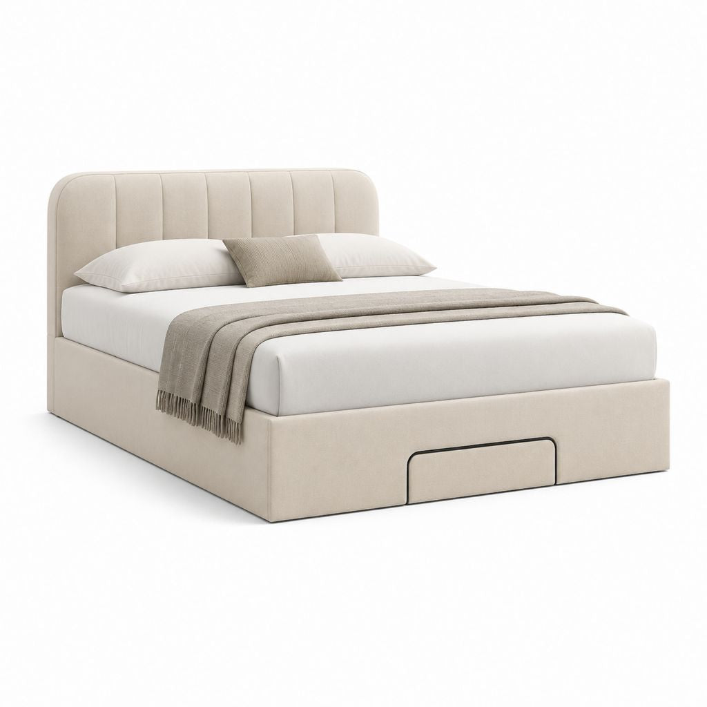 Letto contenitore matrimoniale beige in poliestere 160 x 200 cm