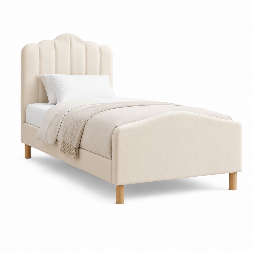 Letto singolo imbottito beige in poliestere 90 x 200 cm con testiera alta e pediera
